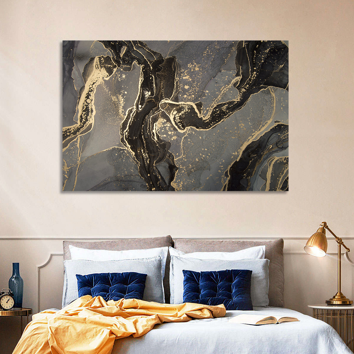 Black and Gold Marbled Abstract Wall Art in a room, landscape