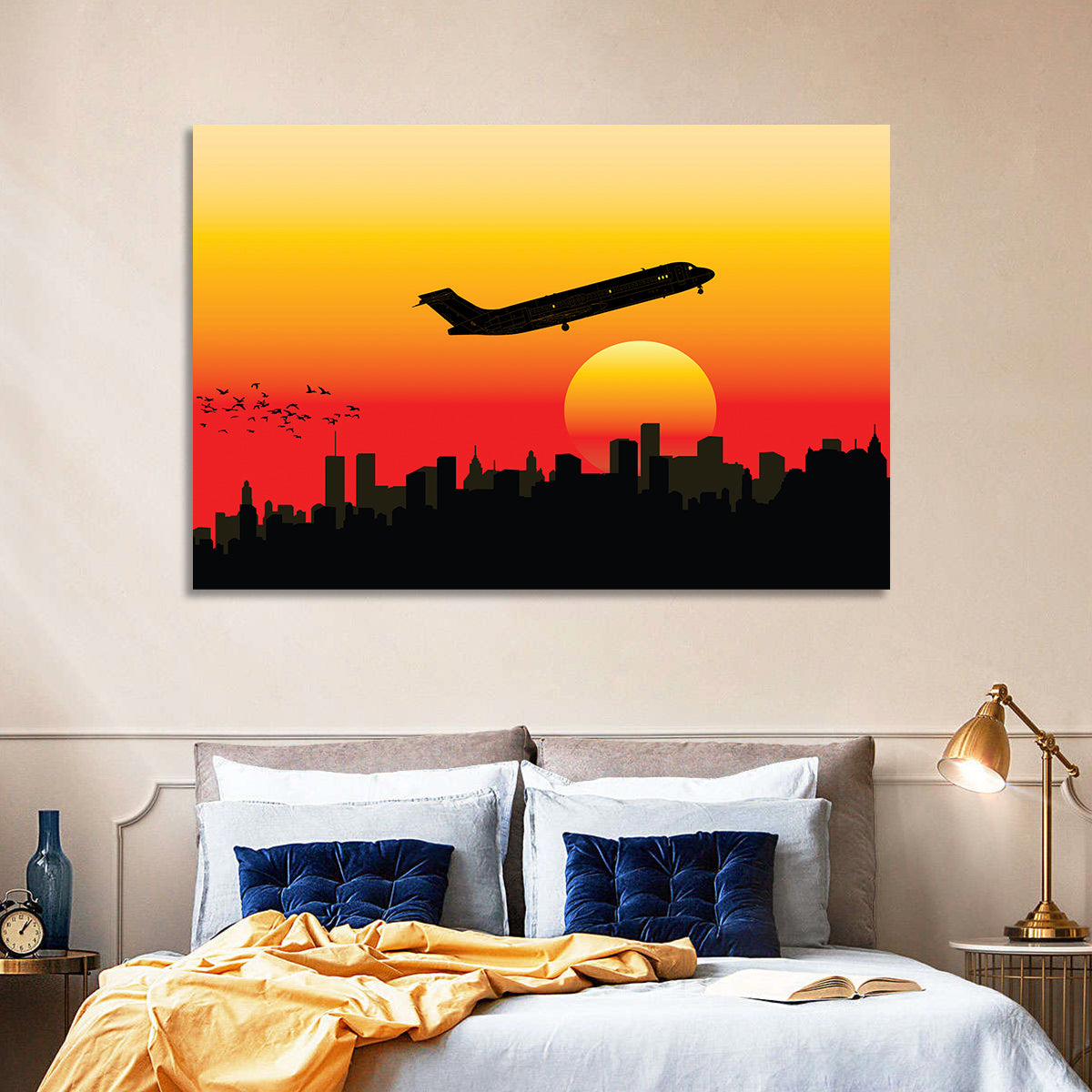 Airplane Over Sunset Skyline Wall Art in a room, landscape