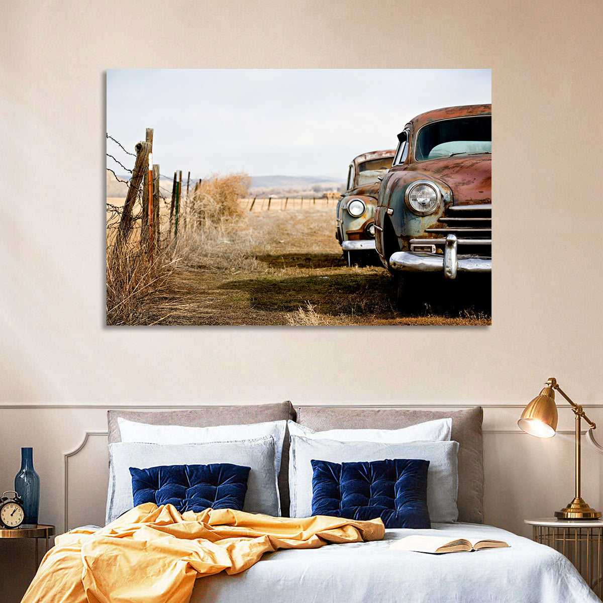 Abandoned Rusty Vintage Cars Behind Barbed Wire Wall Art