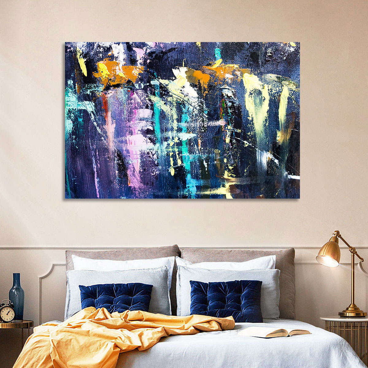 Impasto Waterfall in Blue and Purple Wall Art in a room, landscape