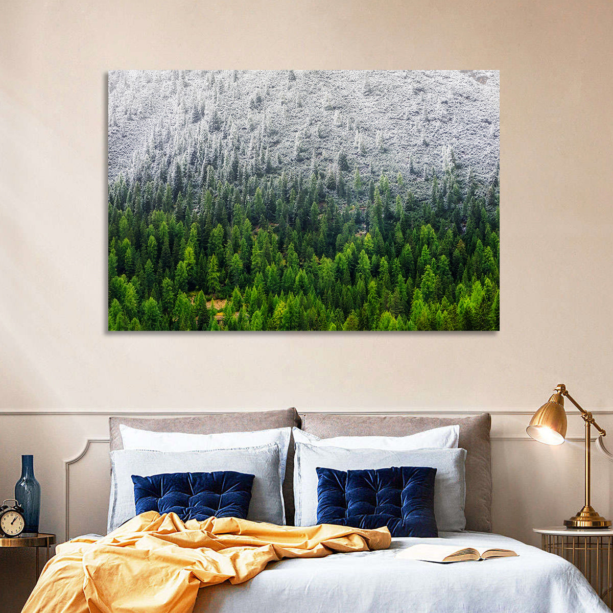 Snowy Dolomites Forest Wall Art in a room, landscape