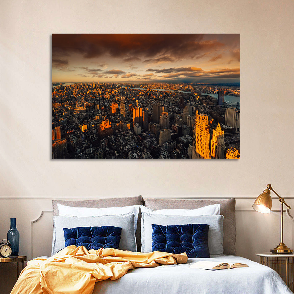 South Manhattan Sunset Skyline Wall Art in a room, landscape