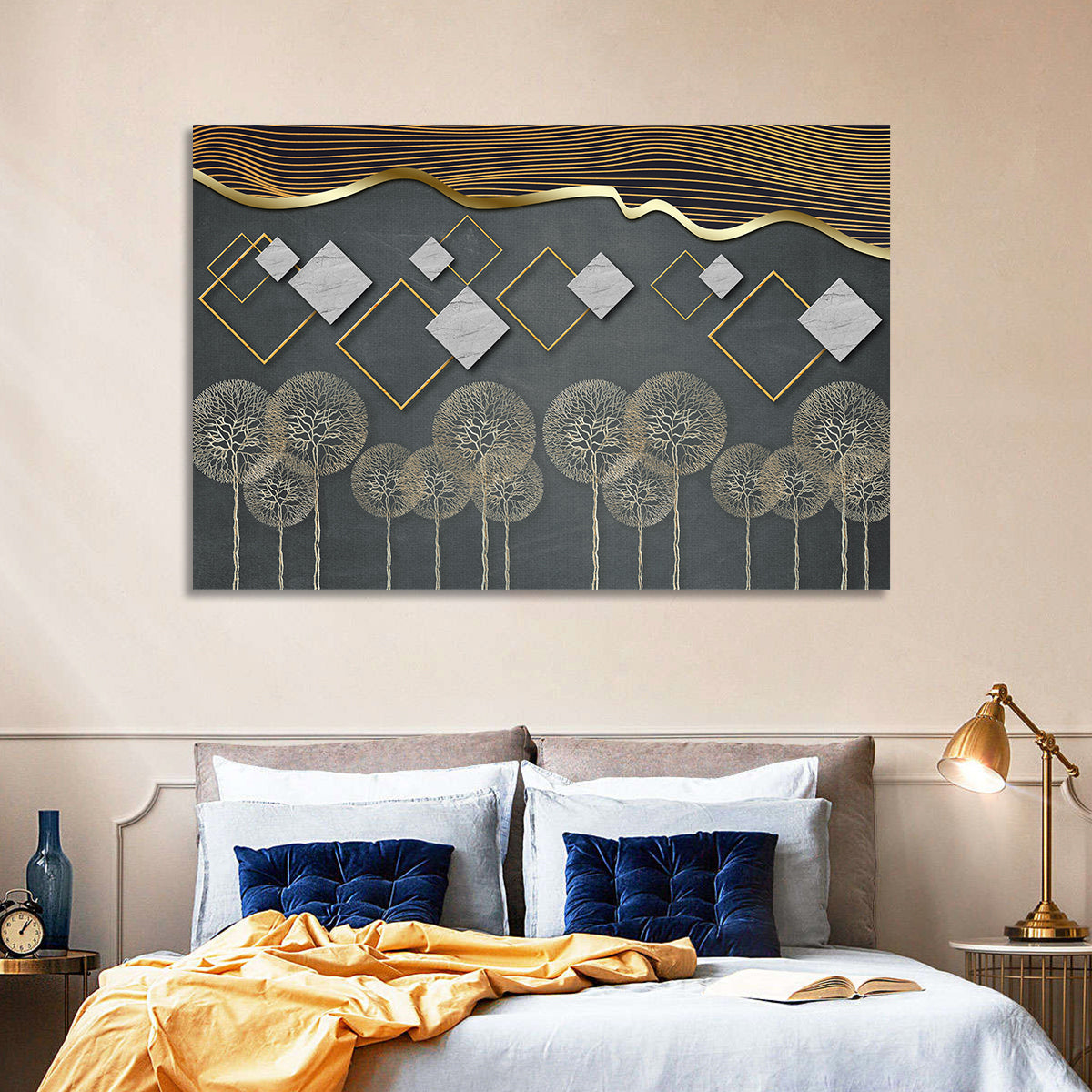 Gray and Gold Dandelion Wall Art in a room, landscape
