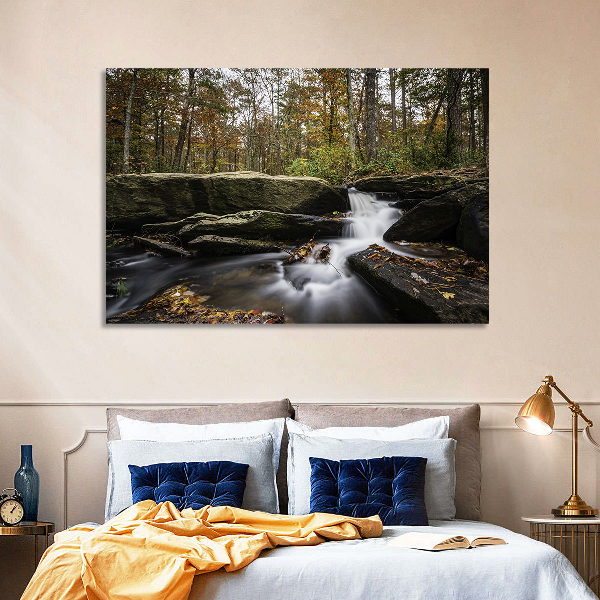 Cheaha Falls Autumn Waterfall Wall Art in a room, landscape