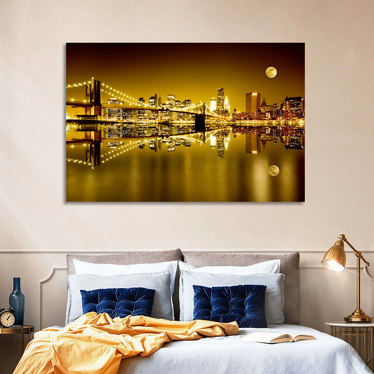 Brooklyn Bridge Moonlit Reflection Wall Art in a room, landscape