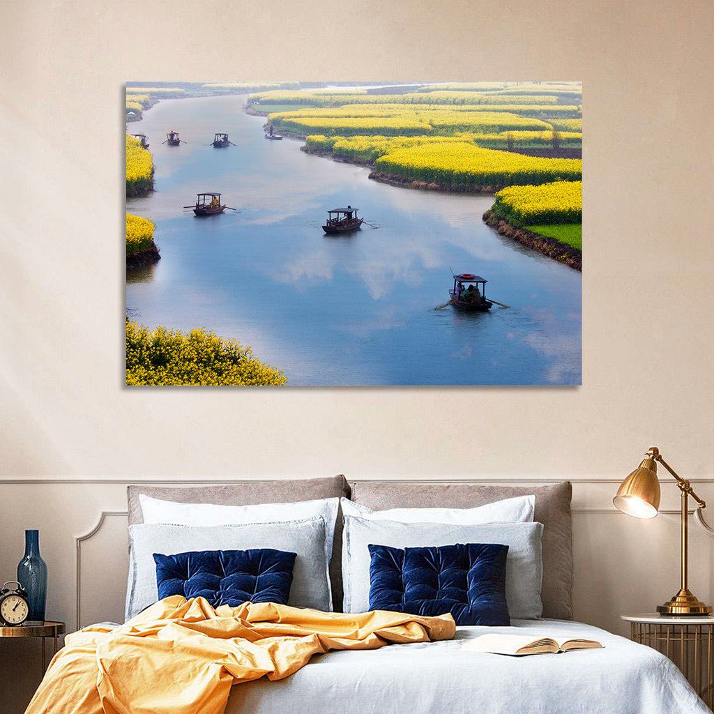 Spring River Rowboats in Rapeseed Fields Wall Art