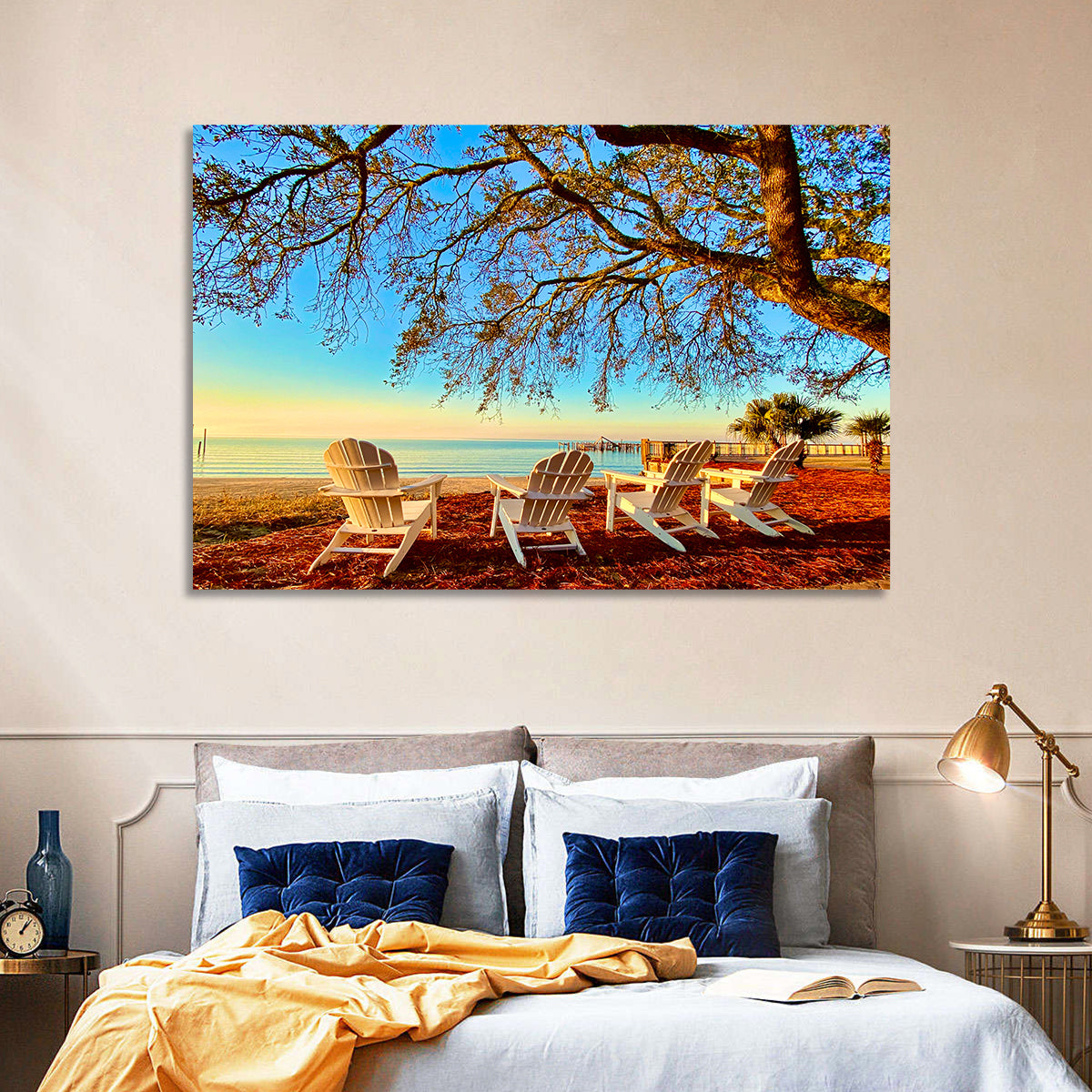 Mobile Bay Adirondack Chairs at Sunrise Wall Art in a room, landscape