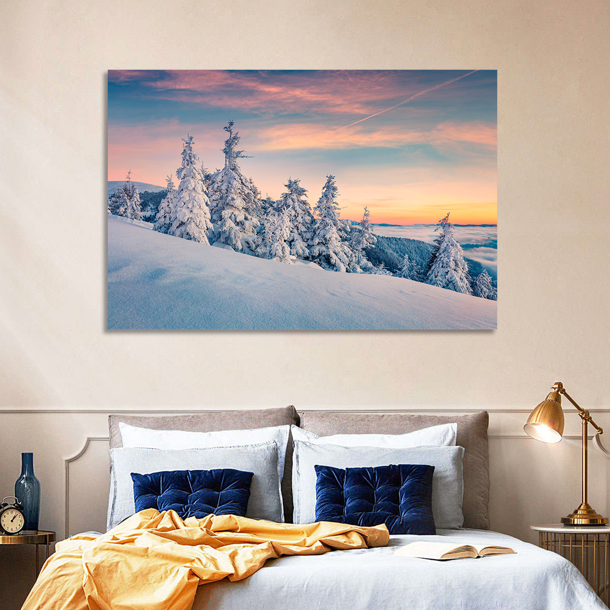 Snowy Carpathian Sunset Wall Art in a room, landscape