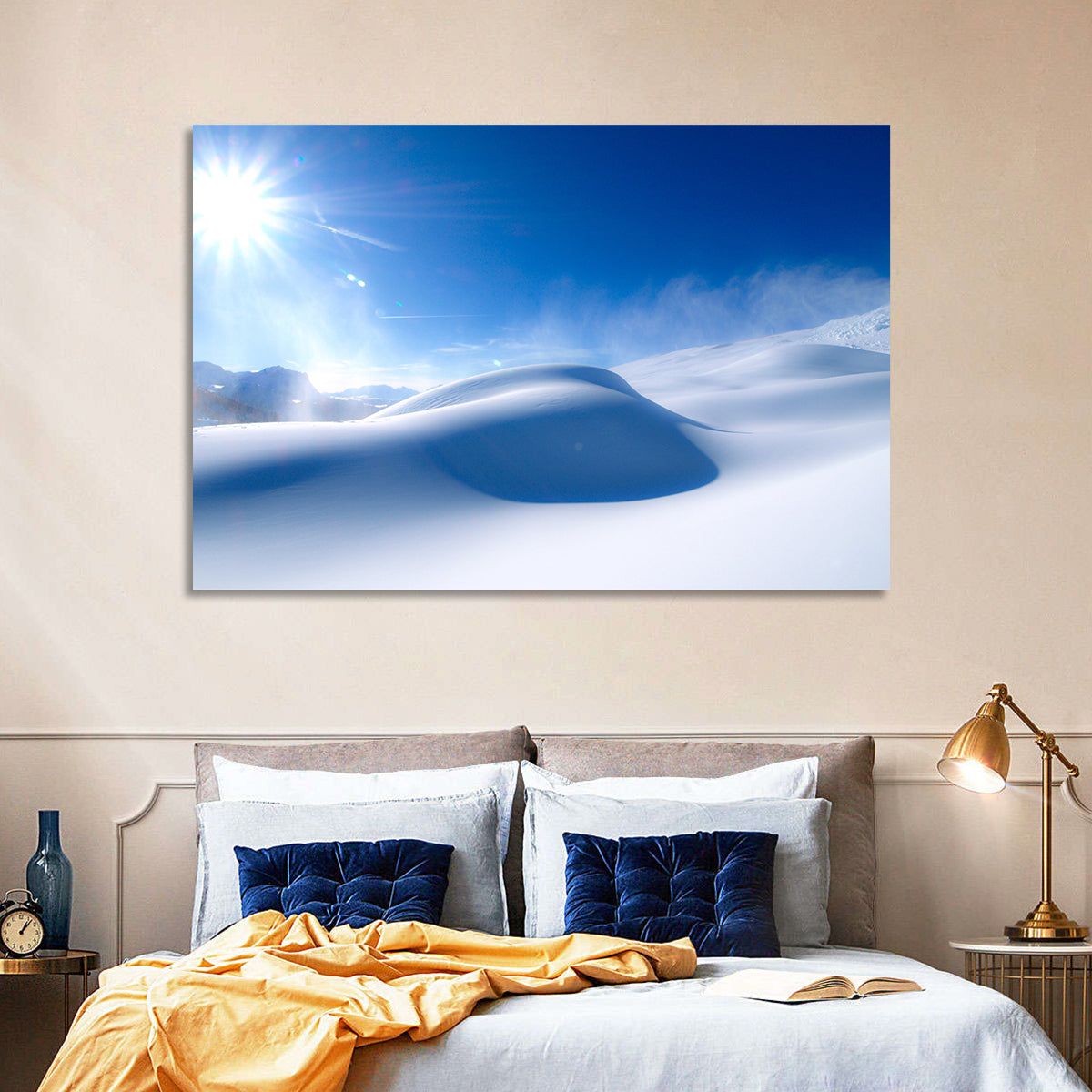 Sunlit Snow Dune Under Blue Sky Wall Art in a room, landscape