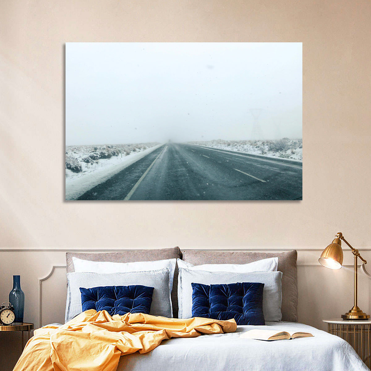 Foggy Winter Mountain Road Wall Art in a room, landscape