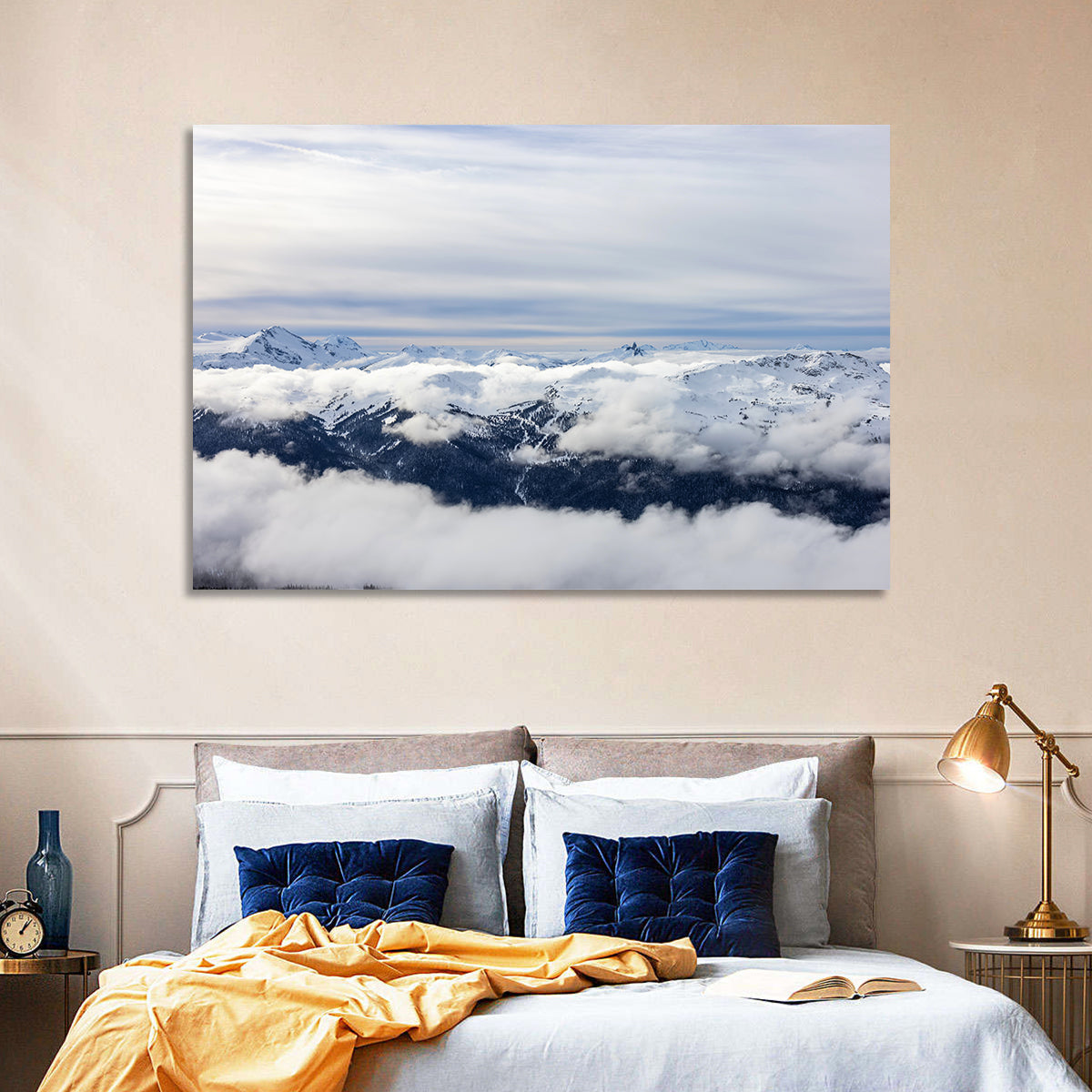 Snow-capped Whistler Peaks Wall Art in a room, landscape