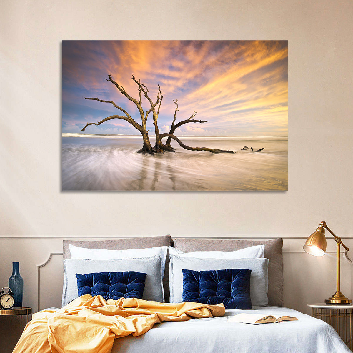 Folly Beach Driftwood Sunset Wall Art in a room, landscape