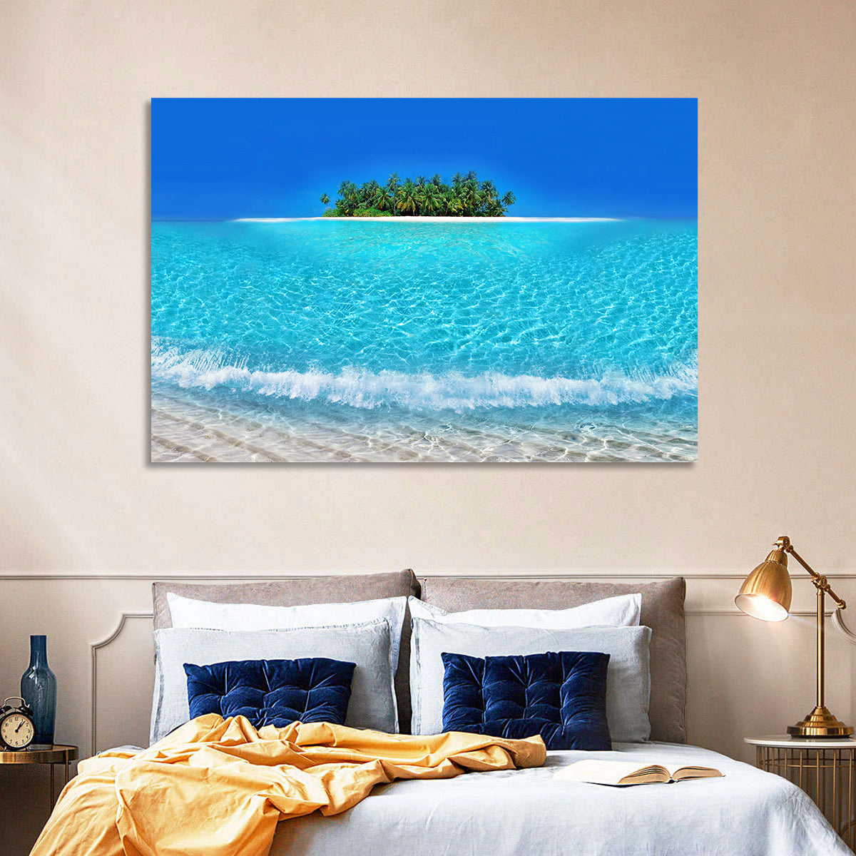Turquoise Atoll Sandbar with Palm Trees Wall Art in a room, landscape