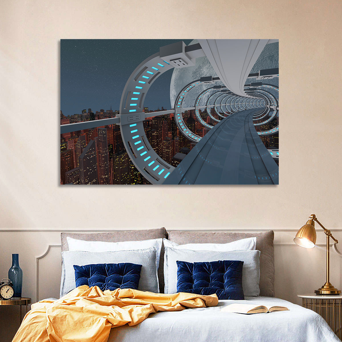Futuristic City Tunnel with Moon Wall Art in a room, landscape