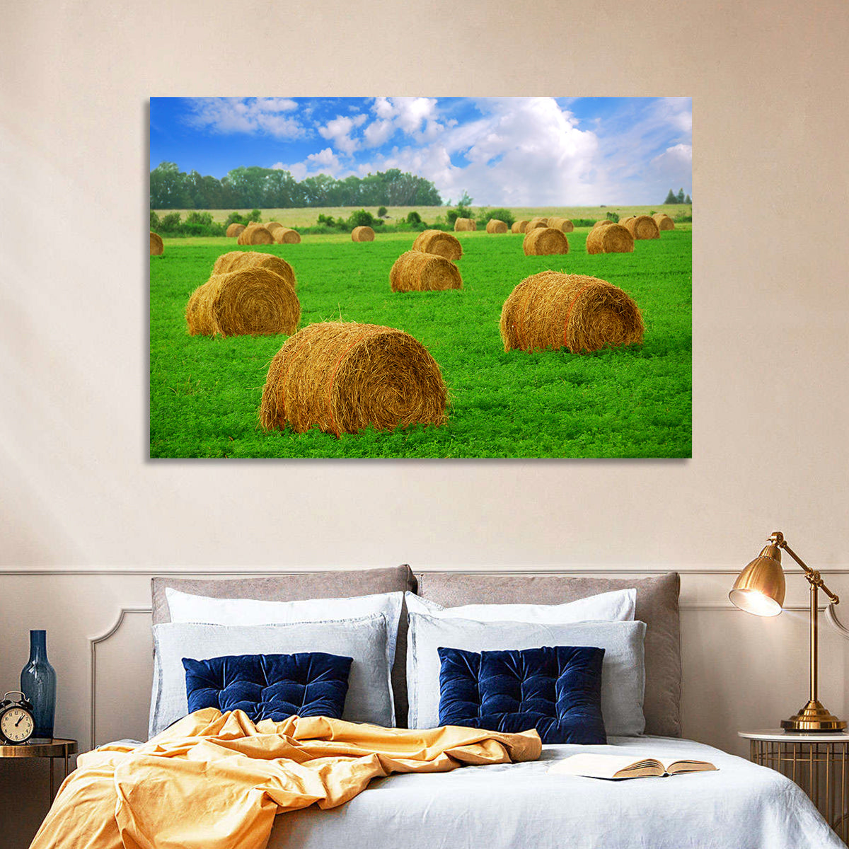 Golden Hay Bales in Green Field Wall Art in a room, landscape