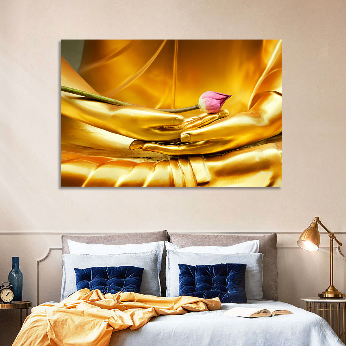 Buddha Hands with Lotus Wall Art in a room, landscape
