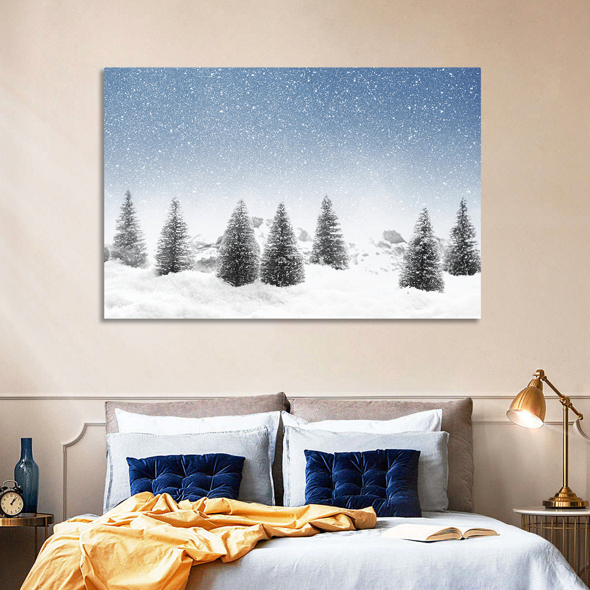 Winter Pine Trees Landscape Wall Art in a room, landscape