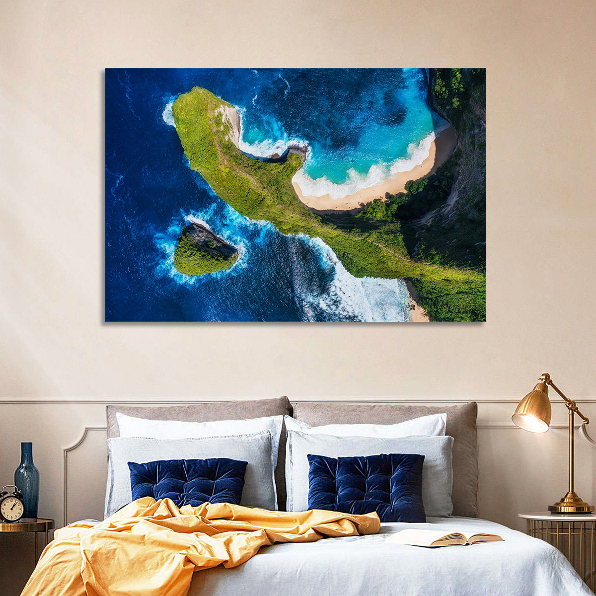 Kelingking Beach Cliffs Wall Art in a room, landscape