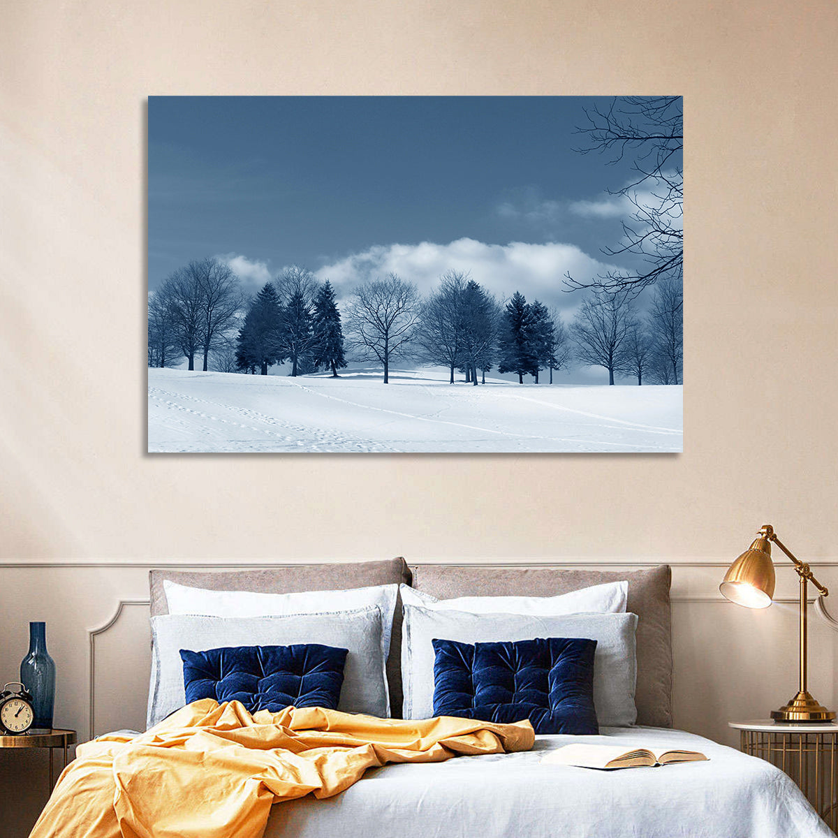 Snowy Field with Tracks Wall Art in a room, landscape