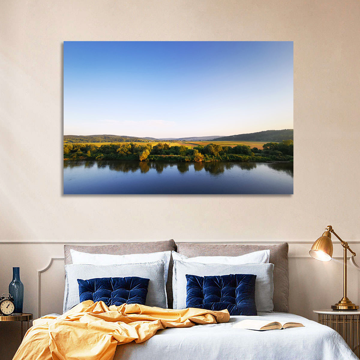 Peaceful River Sunset Wall Art in a room, landscape