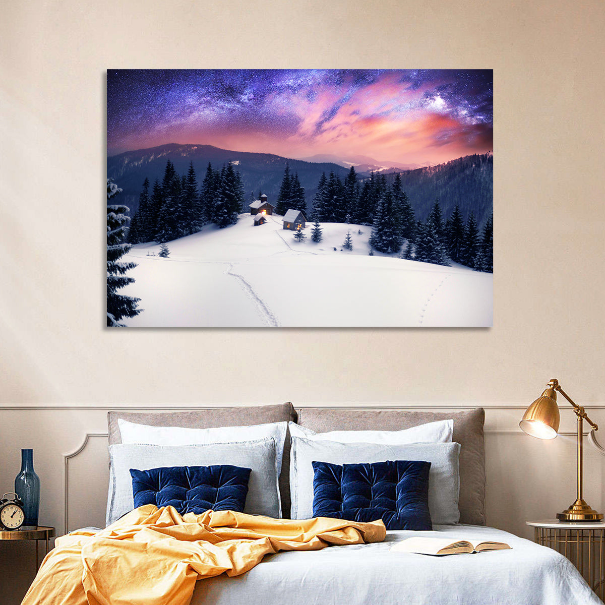 Starry Winter Cabins Under the Milky Way Wall Art in a room, landscape