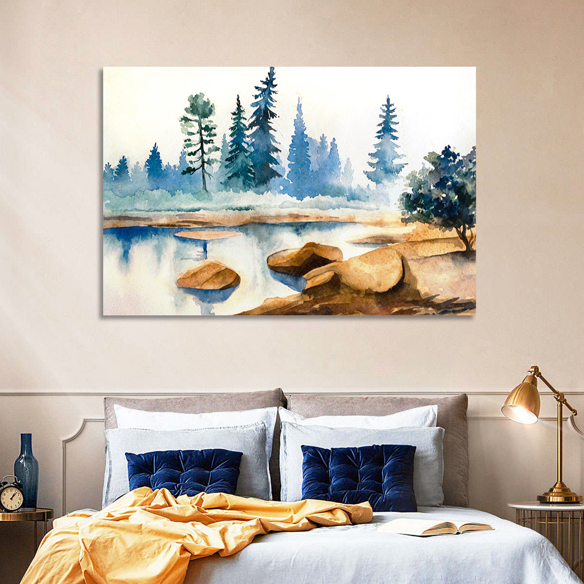 Misty Pine Stream Wall Art in a room, landscape
