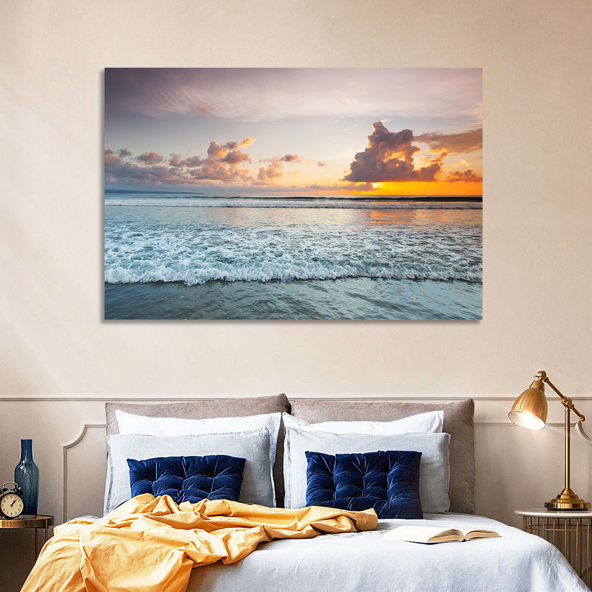 Golden Hour Beach Sunset Surf Wall Art in a room, landscape