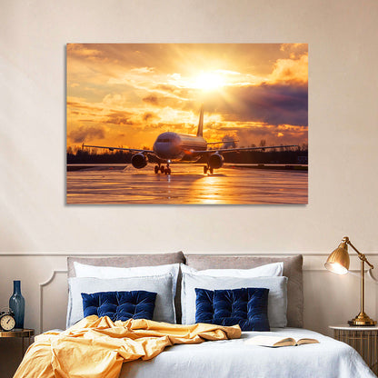 Golden Hour Airliner on Wet Runway Wall Art