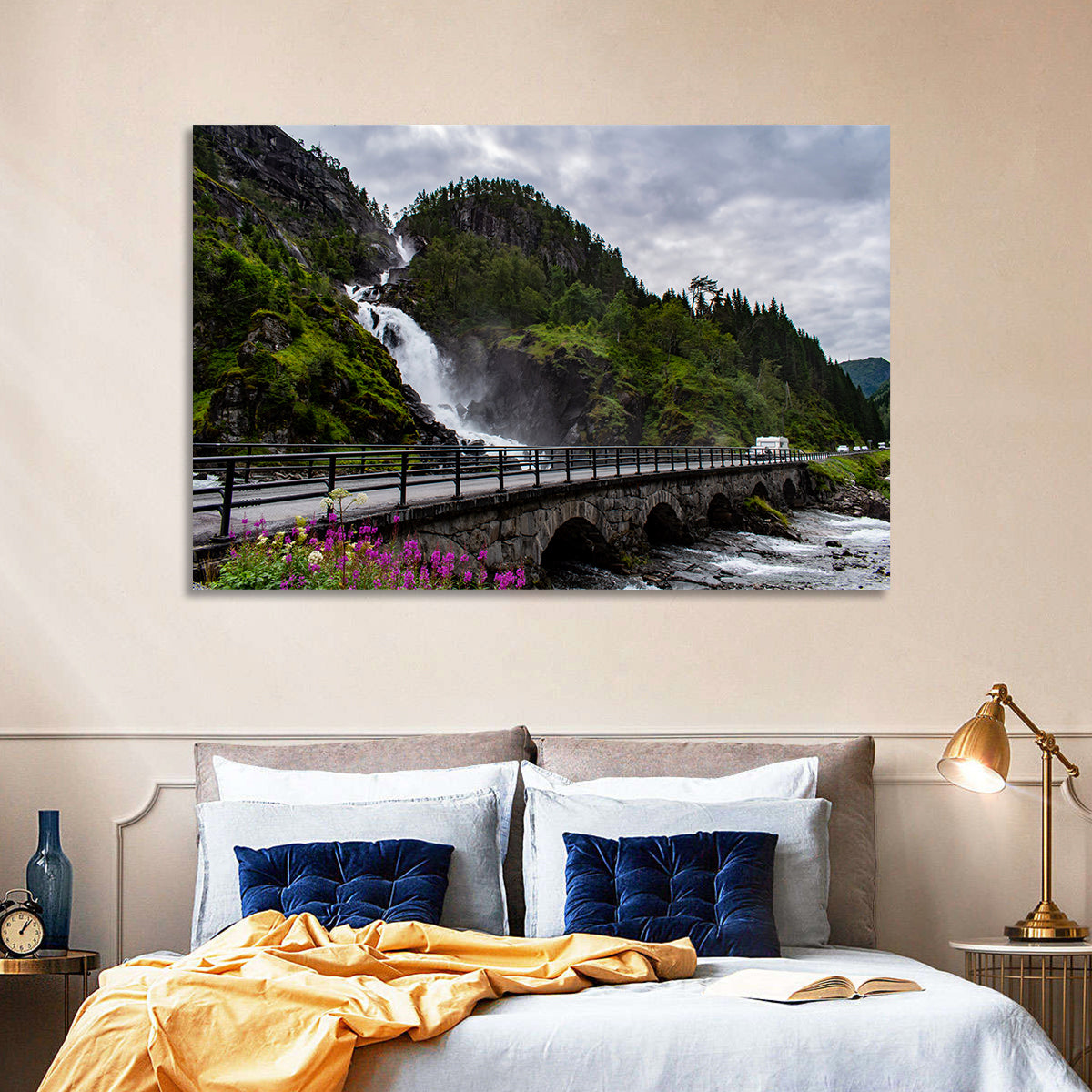 Låtefossen Stone Bridge and Waterfall Wall Art in a room, landscape