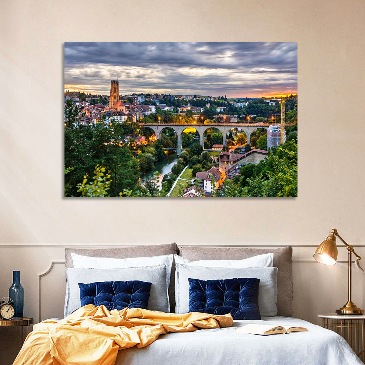 Zähringen Bridge at Twilight, Fribourg Wall Art in a room, landscape