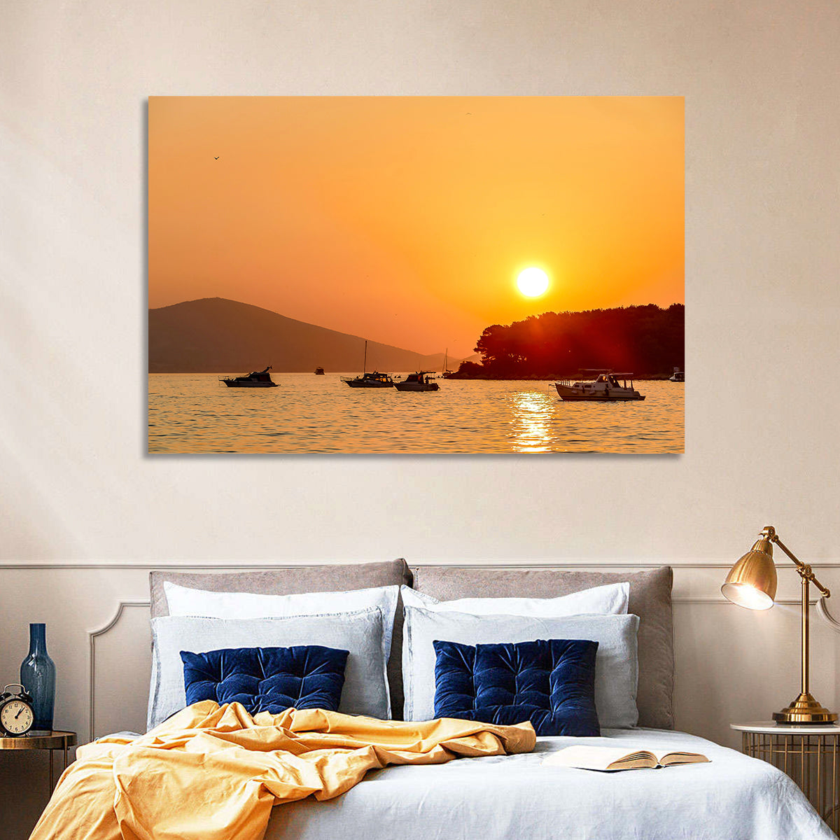 Golden Harbor Sunset Wall Art in a room, landscape