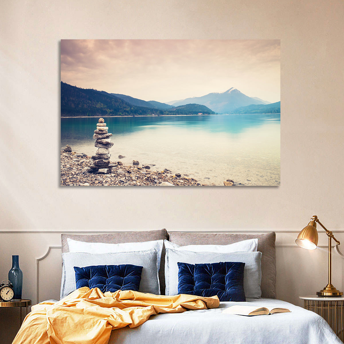 Stone Cairn by a Mountain Lake Wall Art in a room, landscape