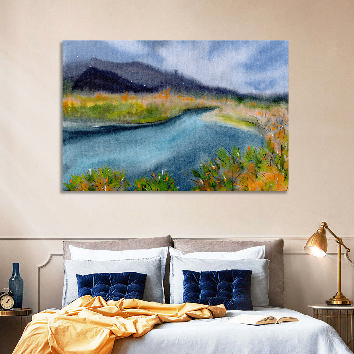 Misty Autumn River and Mountain Landscape Wall Art