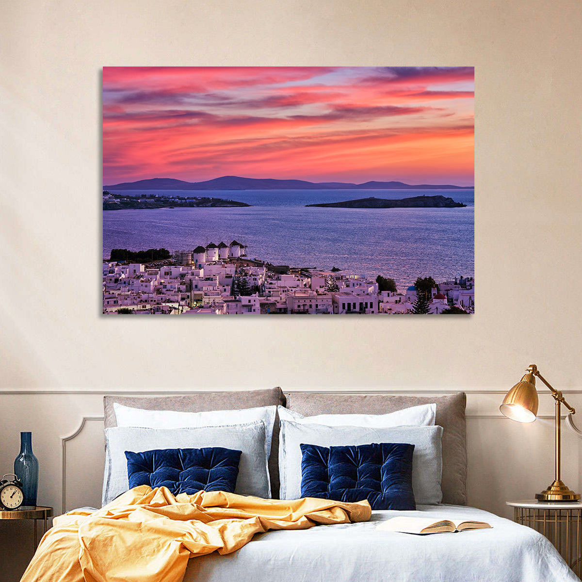 Mykonos Windmills at Sunset Wall Art in a room, landscape