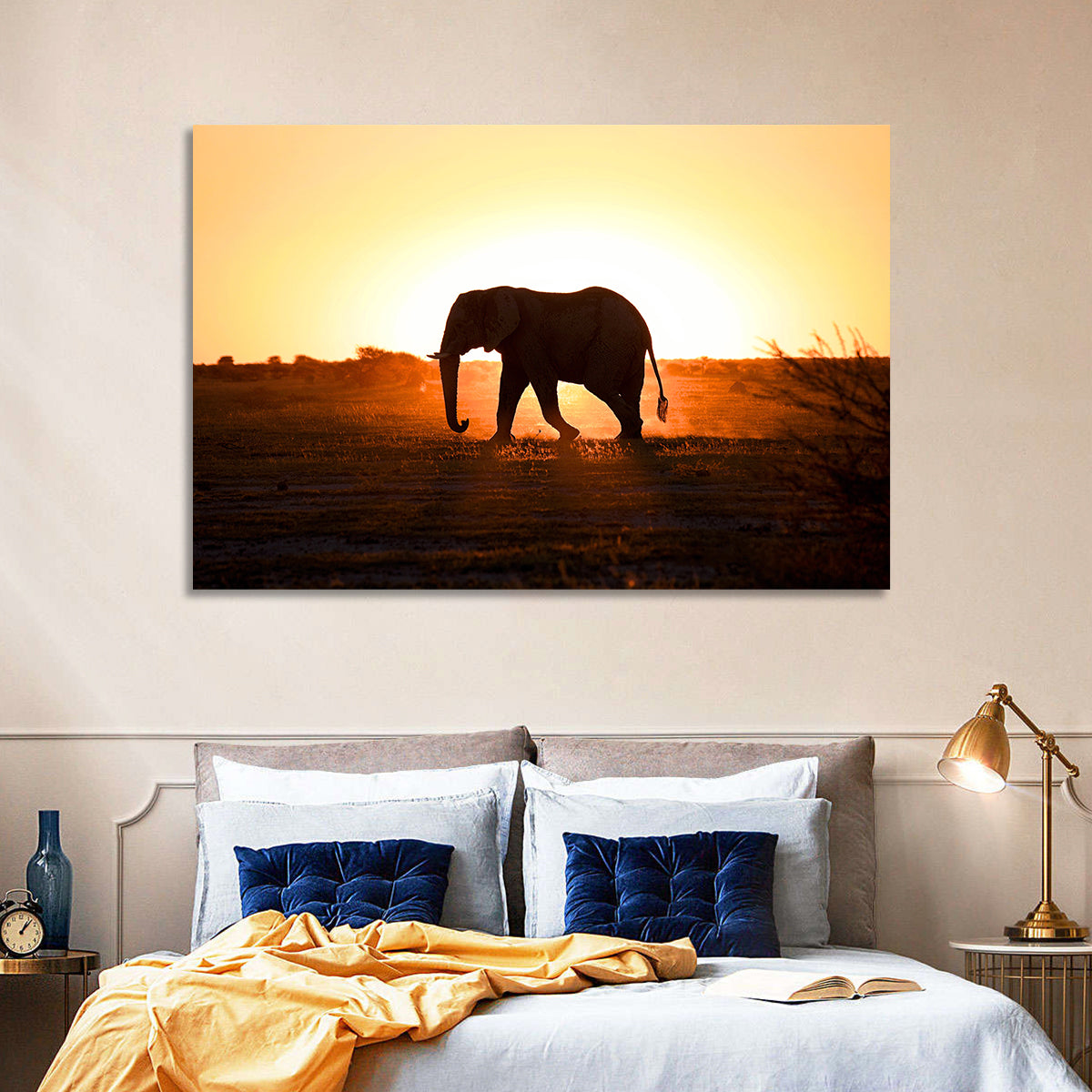 Golden Hour Elephant Silhouette Wall Art in a room, landscape