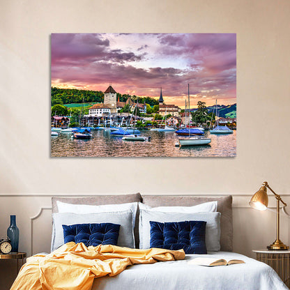 Spiez Castle Harbor Sunset Wall Art