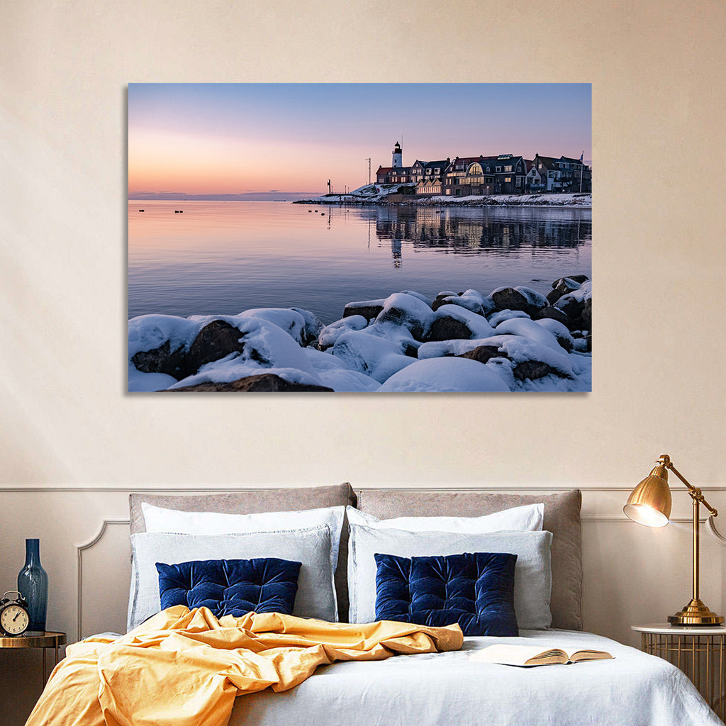 Urk Lighthouse Winter Twilight Harbor Wall Art