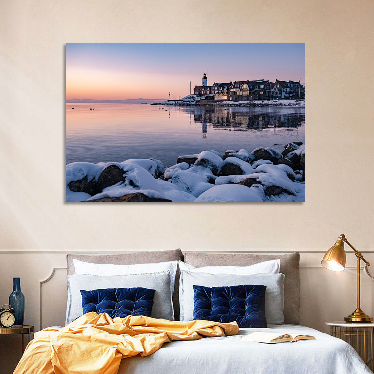 Urk Lighthouse Winter Twilight Harbor Wall Art in a room, landscape