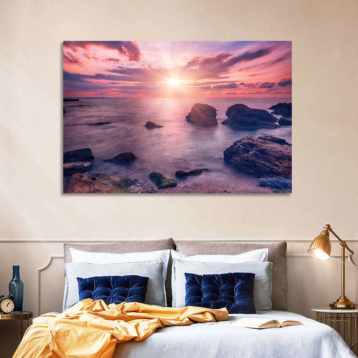 Ethereal Sea Sunrise Wall Art in a room, landscape
