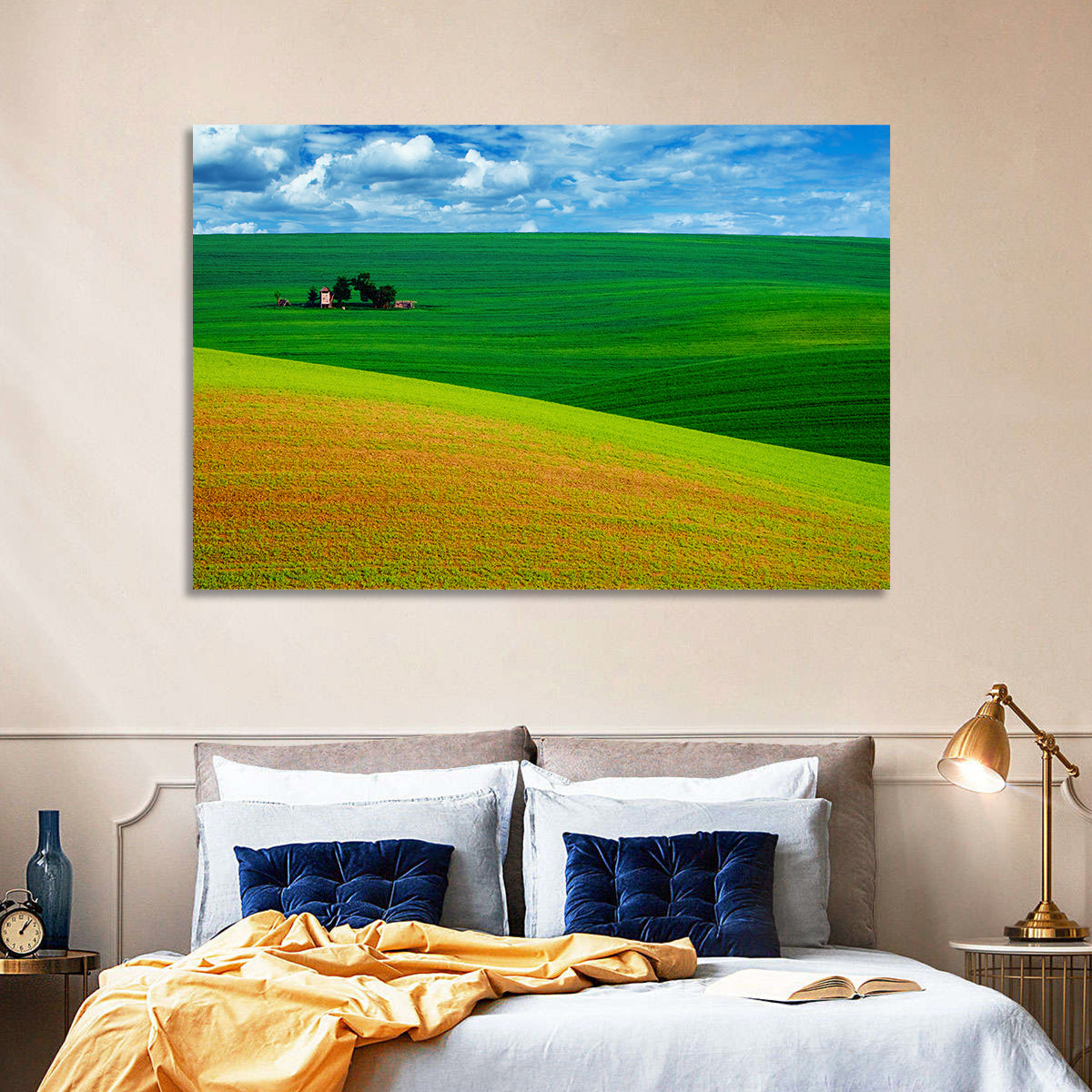 Golden Field and Green Hillside Wall Art in a room, landscape