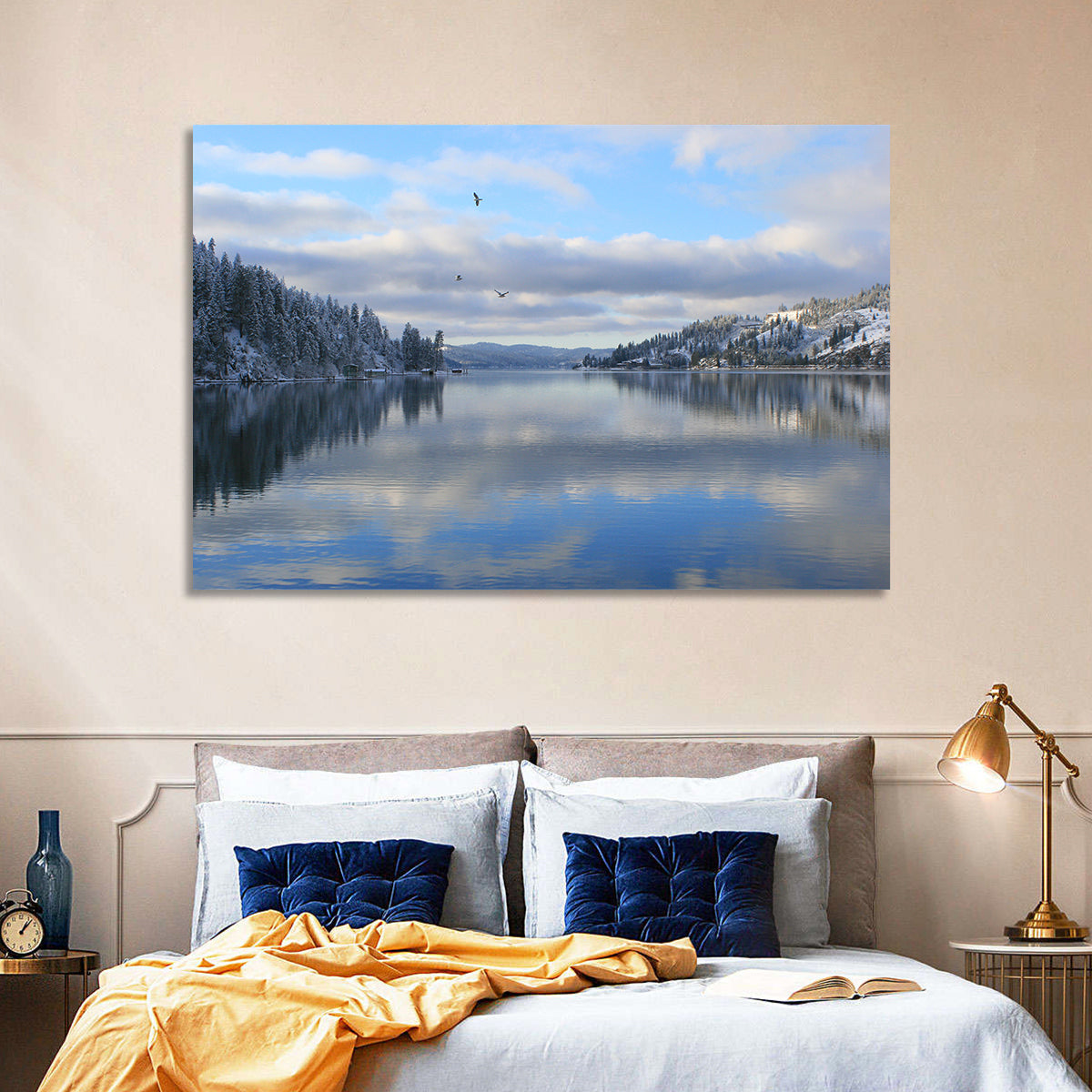 Coeur D Alene Winter Lake Reflection Wall Art in a room, landscape