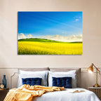 Rapeseed Field and Rolling Hills Under Blue Sky Wall Art