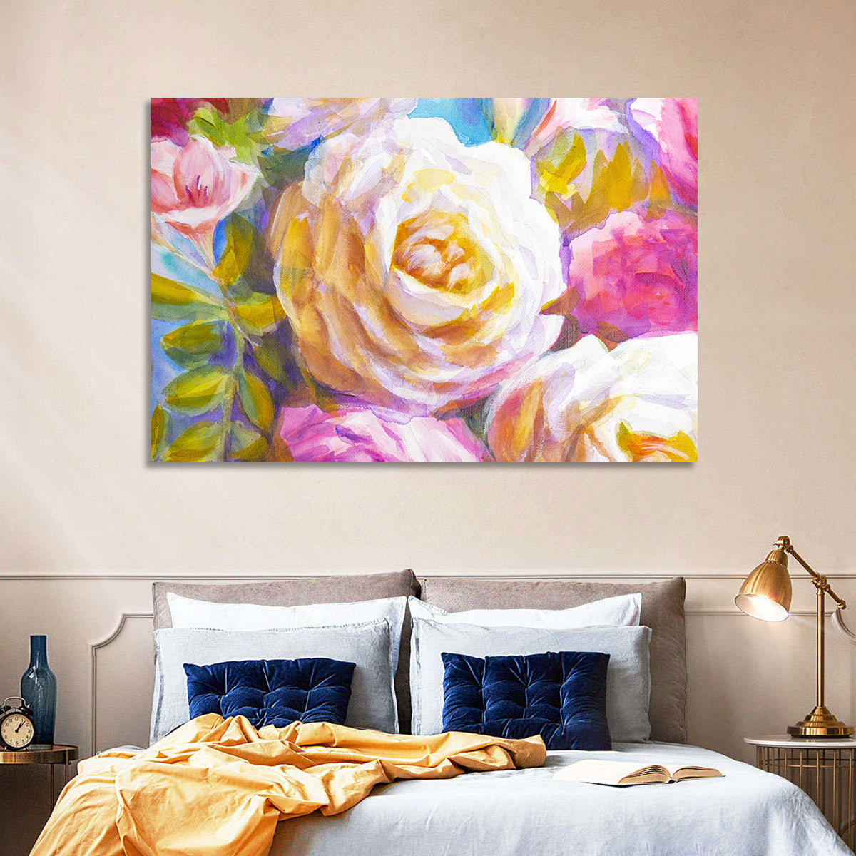 White and Gold Rose Bouquet Wall Art in a room, landscape