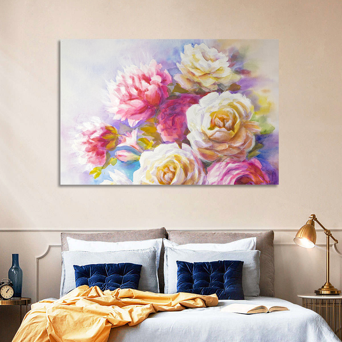 Watercolor Peony Bouquet Wall Art in a room, landscape
