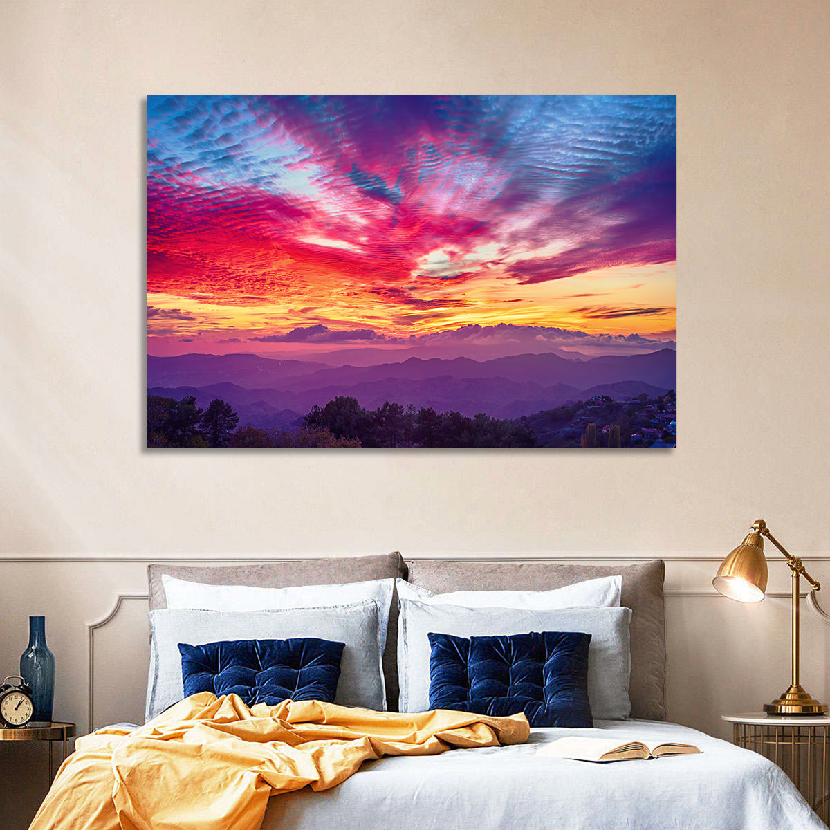 Golden Dusk Cloud Mountains Wall Art in a room, landscape