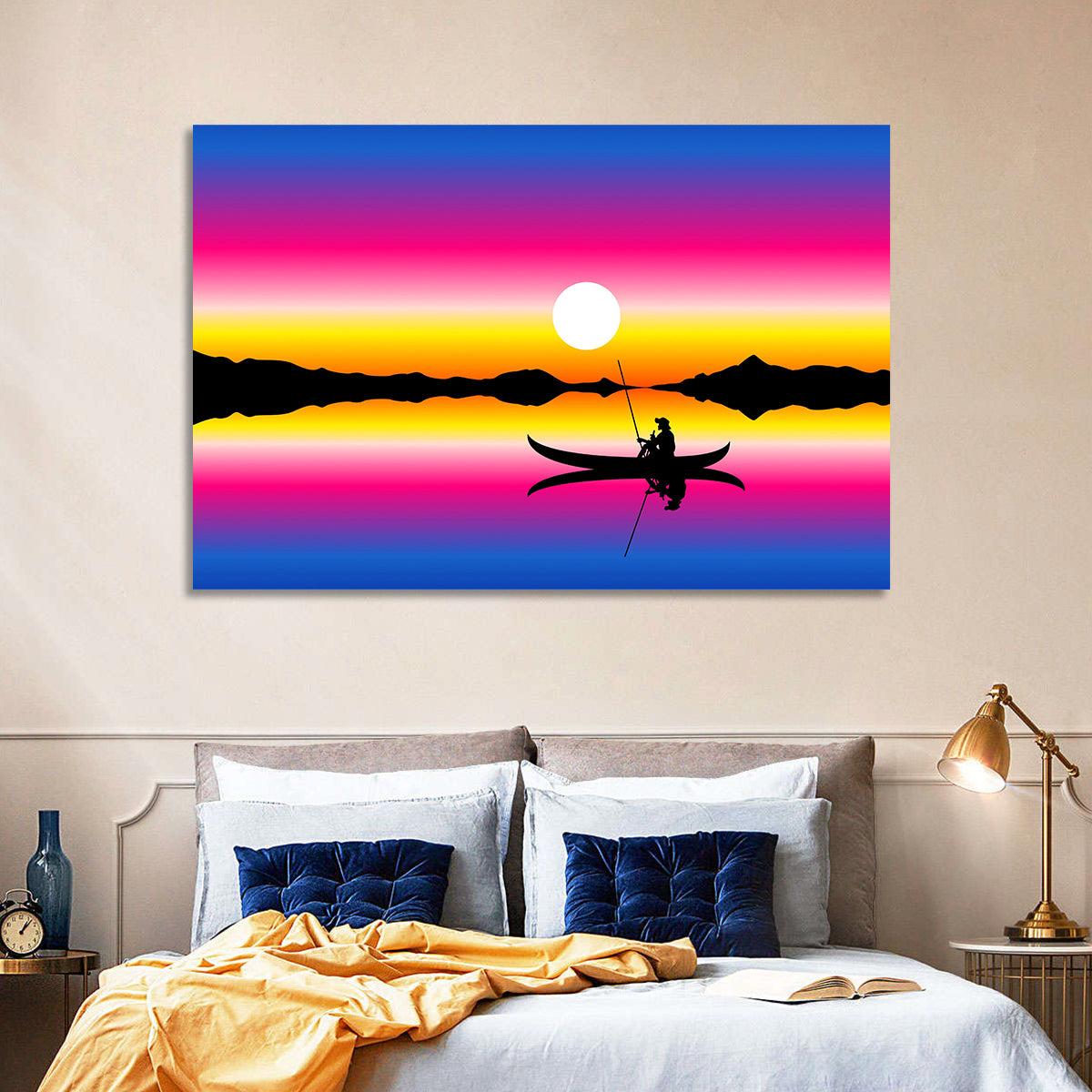 Fisherman Silhouette at Sunset Wall Art in a room, landscape