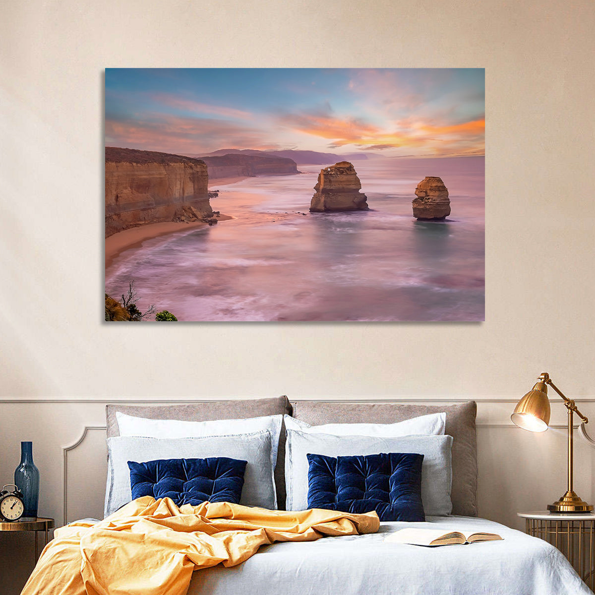 Twelve Apostles Sunset Sea Stacks Wall Art in a room, landscape