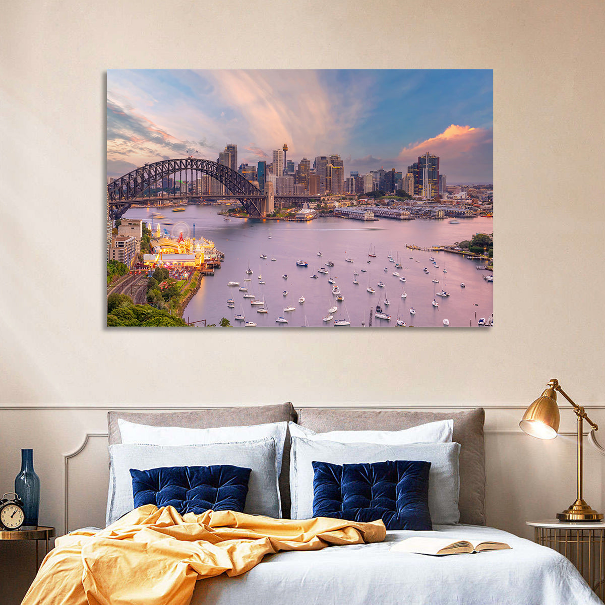 Sydney Harbour Bridge at Golden Twilight Wall Art in a room, landscape