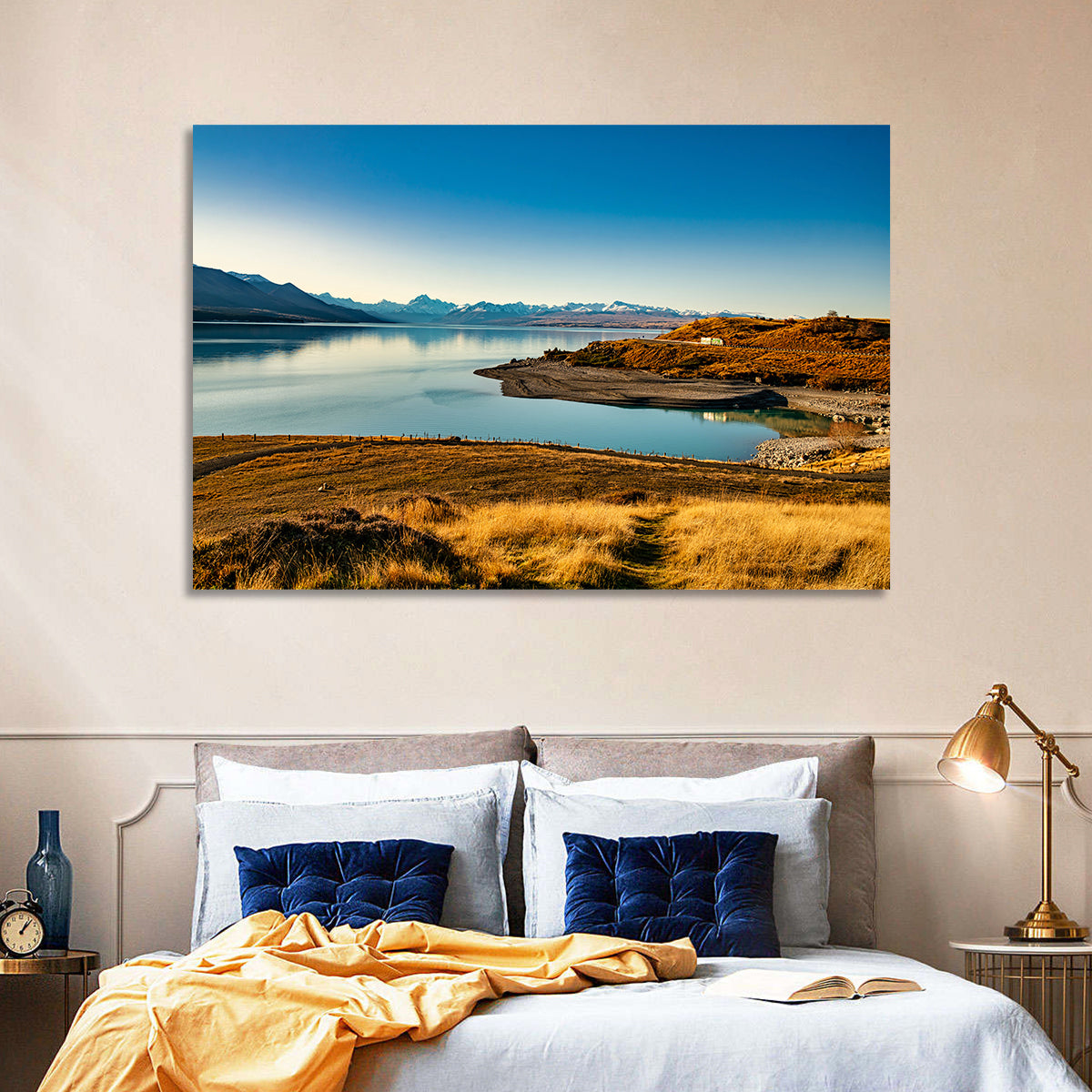 Lake Pukaki Golden Hour with Mount Cook Wall Art in a room, landscape