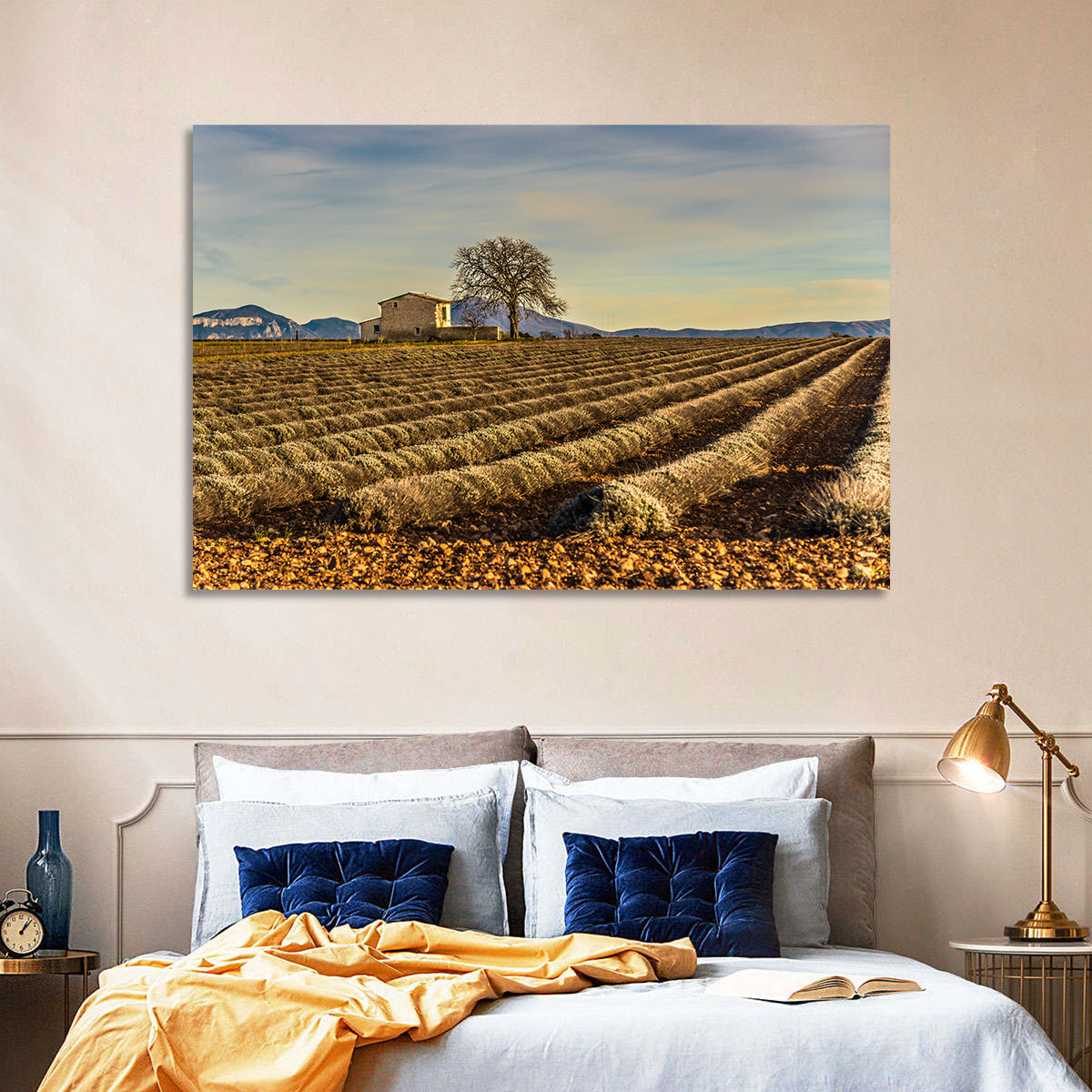 Rustic Provence Lavender Rows at Golden Hour Wall Art in a room, landscape